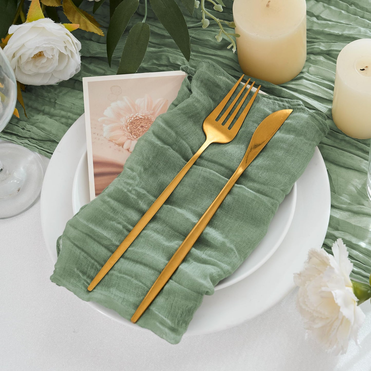 Xiomot 12 Pack Cheesecloth Napkins 20"x20" Sage Green Boho Gauze Cheese Cloth Napkins Bulk Rustic Dinner Table Decor for Wedding Bridal Baby Shower Party