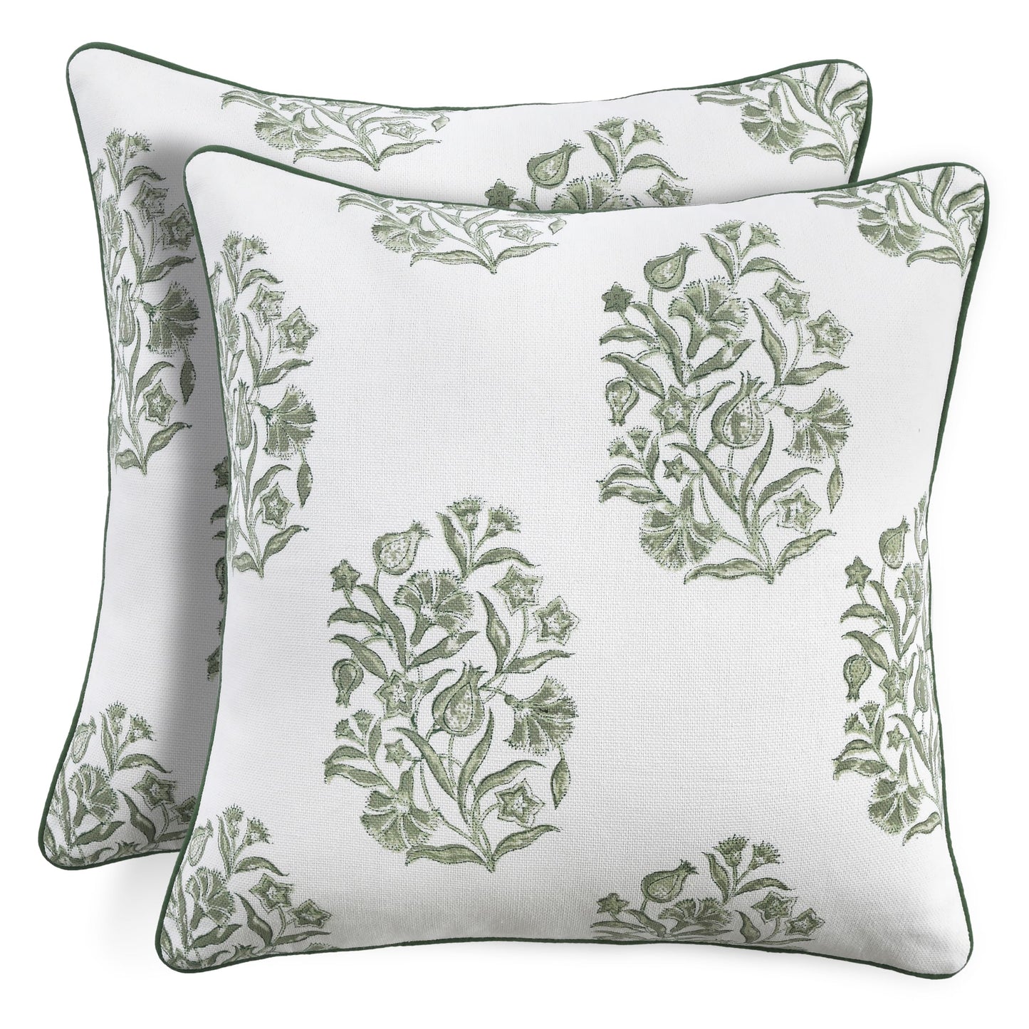 CPC Sage Green Block Print Throw Cushion Cover 20 x 20 Inch Set 2 - Decorative Boho Floral Pillow Case for Living Room, Bed, Sofa, Couch, Home Decor Cushion Cover Gift for Spring, Mother's Day
