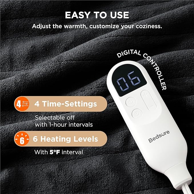 Bedsure Heated Blanket Electric Throw - Soft Flannel Electric Blanket, Heated Throw with 4 Time Settings & 6 Heat Settings, Warm Gift for Grandma (50x60 inches, Dark Grey)