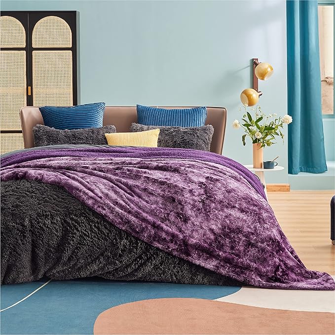 Bedsure Sherpa Blanket King Size - Soft, Fuzzy & Fluffy Faux Fur - Warm, Cozy Blanket for Couch, Sofa and Bed, Tie Dye Design, Purple, 108x90 Inches