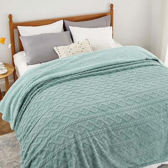 Bedsure Sherpa King Size Blanket for Bed- GentleSoft Fleece Fluffy & Cozy Cable Jacquard Tufted for Women Gift, Thick and Warm Blankets for Winter, Sage Green, 108x90 Inches