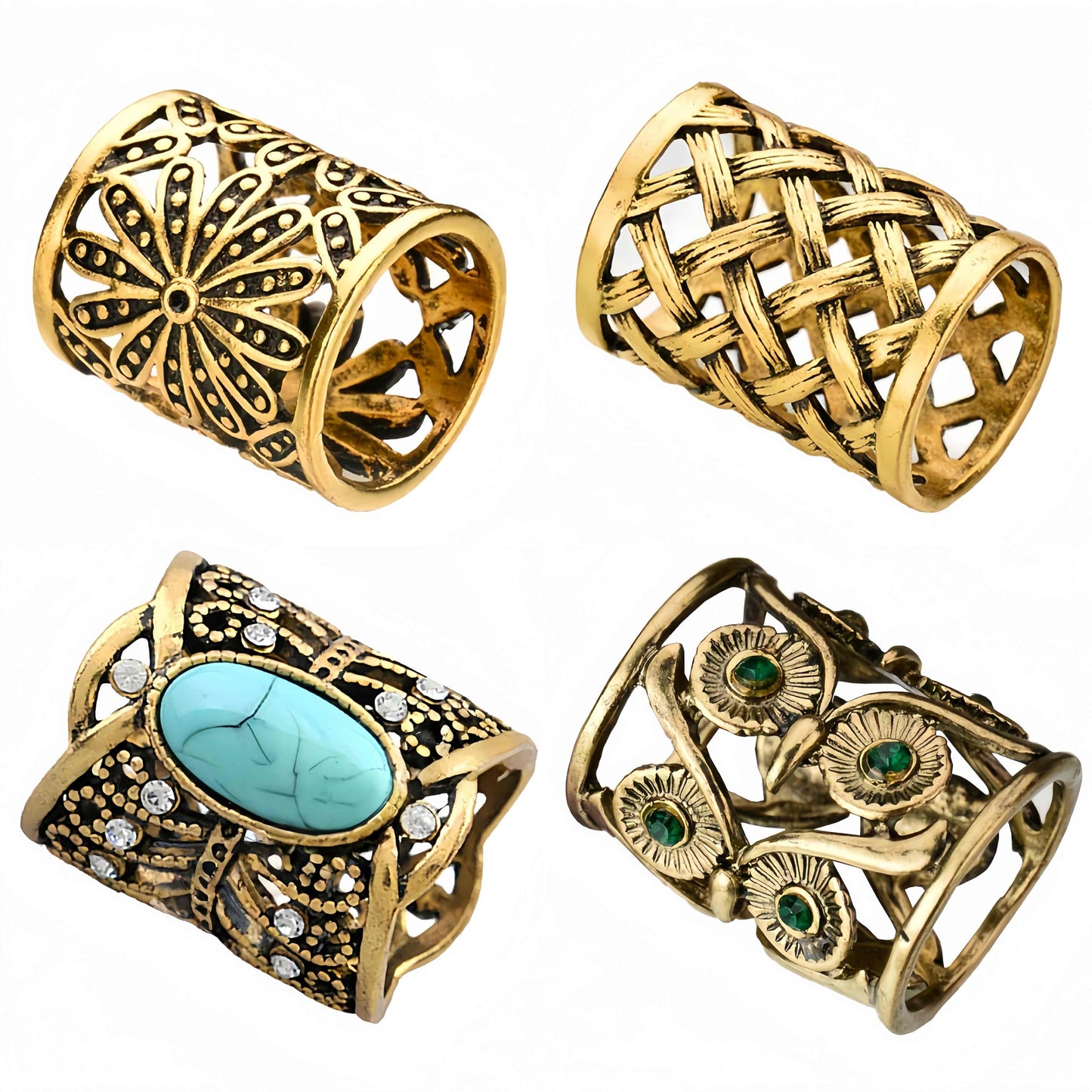 SYWDUDUCLT Vintage Style Scarf Ring Set, 4 Pack, Gold Tone with Floral, Turquoise, Weave and Owl Designs
