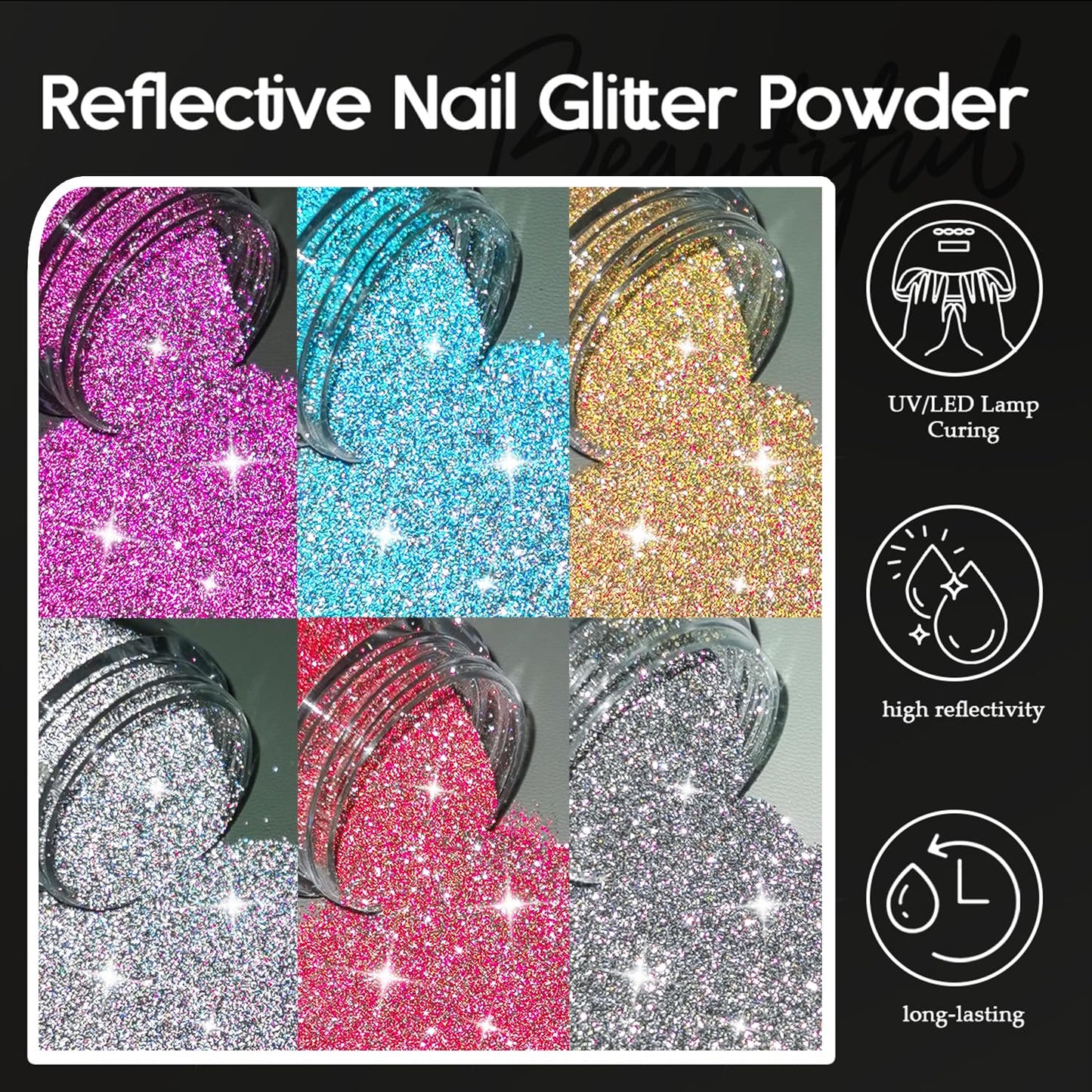 Furtherpretty Reflective Glitter Powder for Nails, 6 Colors Nail Sugar Loose Glitter Powder Set, Flash Sparkle Nail Art Dust in Pink, Silver & Champagne, DIY Manicure Accessories with Brush (#2 Flash)