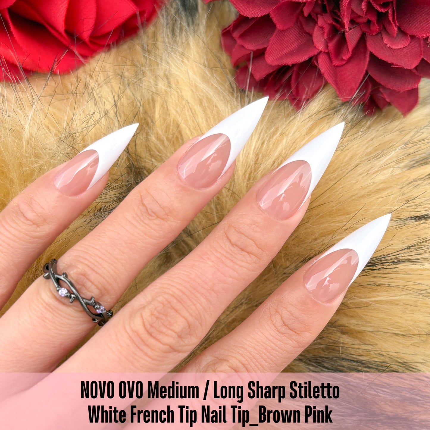 NOVO OVO Medium Long Sharp Stiletto Nail Tips (White French Tip) - Brown Pink Nude Soft Gel Press Ons, Pre-Designed Full Cover Fake Nails for Instant Salon Manicure, 16 Sizes (160 Pcs)