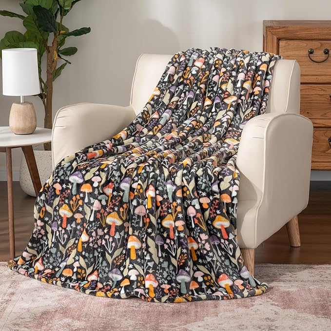 Berkshire Blanket-Classic Heavyweight Soft Printed VelvetLoft® Plush Throw Blanket, Cozy and Fuzzy, Mushroom Cutie Charcoal, 50in x 70in