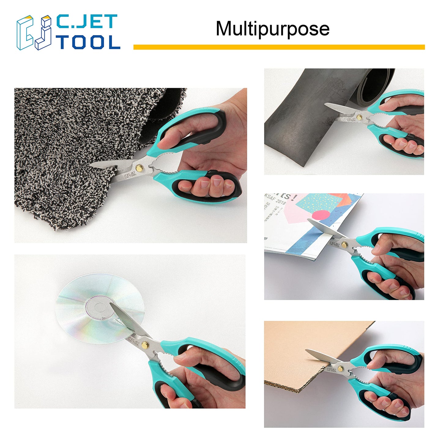 C.JET TOOL 8" Heavy Duty Scissors, Utility Scissors All Purpose for Cardboard, Plastic, Carpet, Rope, Leather. Sharp Stainless Steel Blades, Non‑Slip Handle, Kitchen Shears for Food, Meat & Poultry