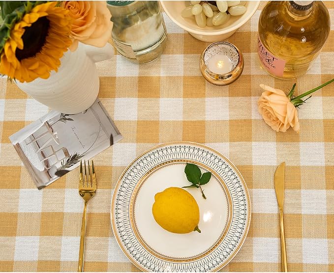 Table Cloth Square Table-Rustic Gingham Tablecloth Buffalo Plaid Tablecloths for Spring Easter Thanksgiving Picnic Kitchen Dining Room (55x55 Inch,Yellow and White)
