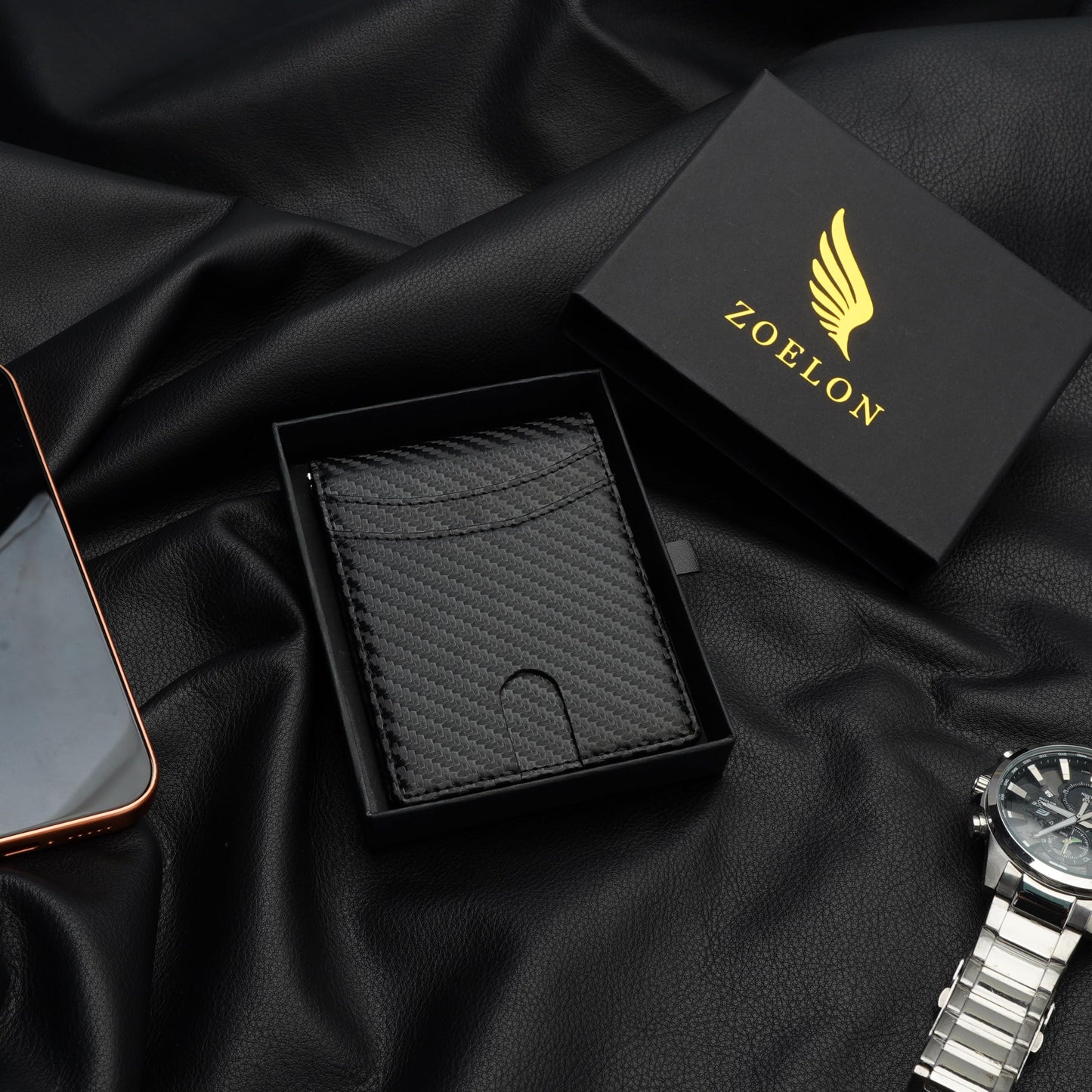 ZOELON Slim RFID Wallet for Men – Front Pocket Bifold with Money Clip & ID Window, Carbon Fiber Look, Gift Box