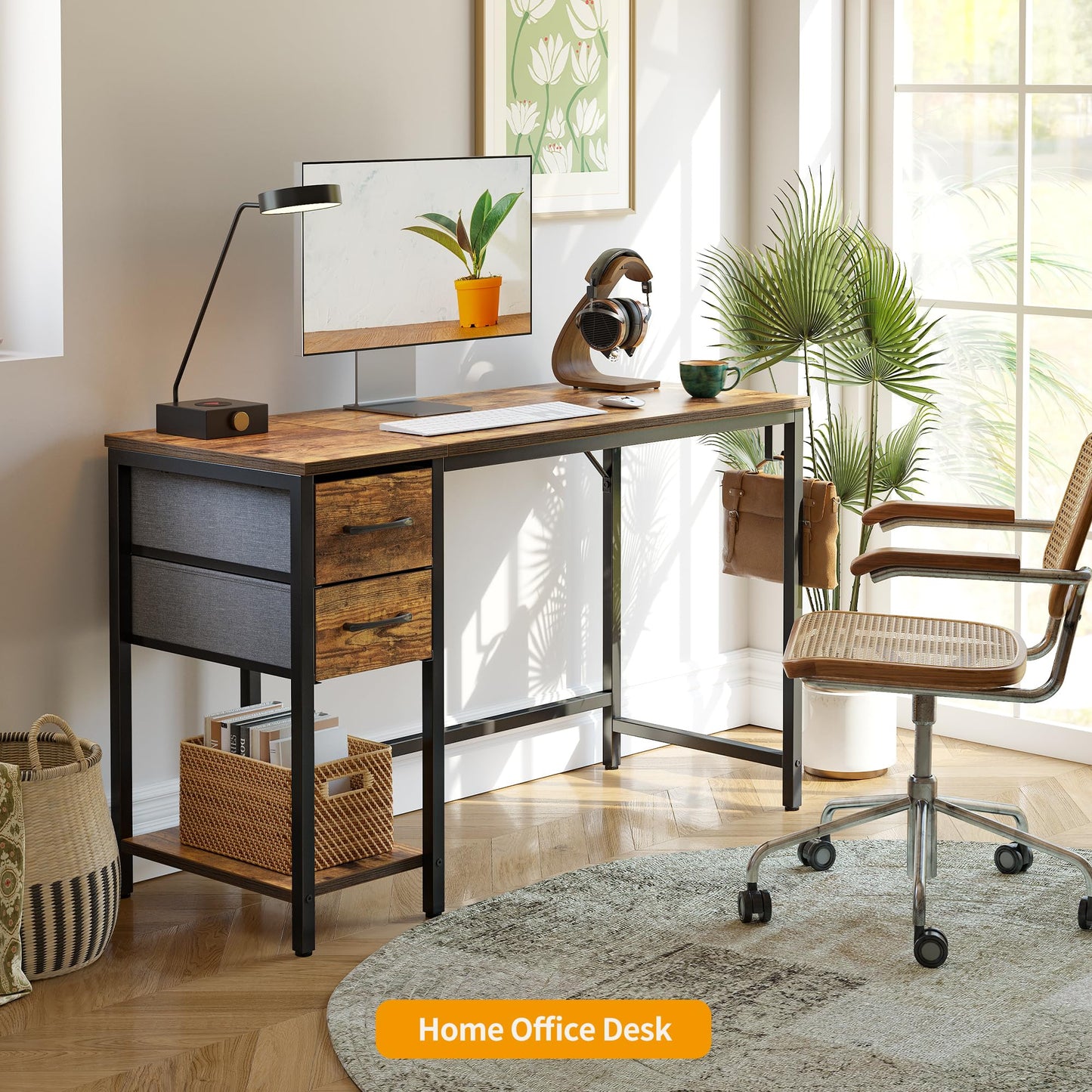 CubiCubi Computer Desk with 2 Drawers, 47 Inch Small Home Office Desk with Storage Study Writing Table, Light Brown