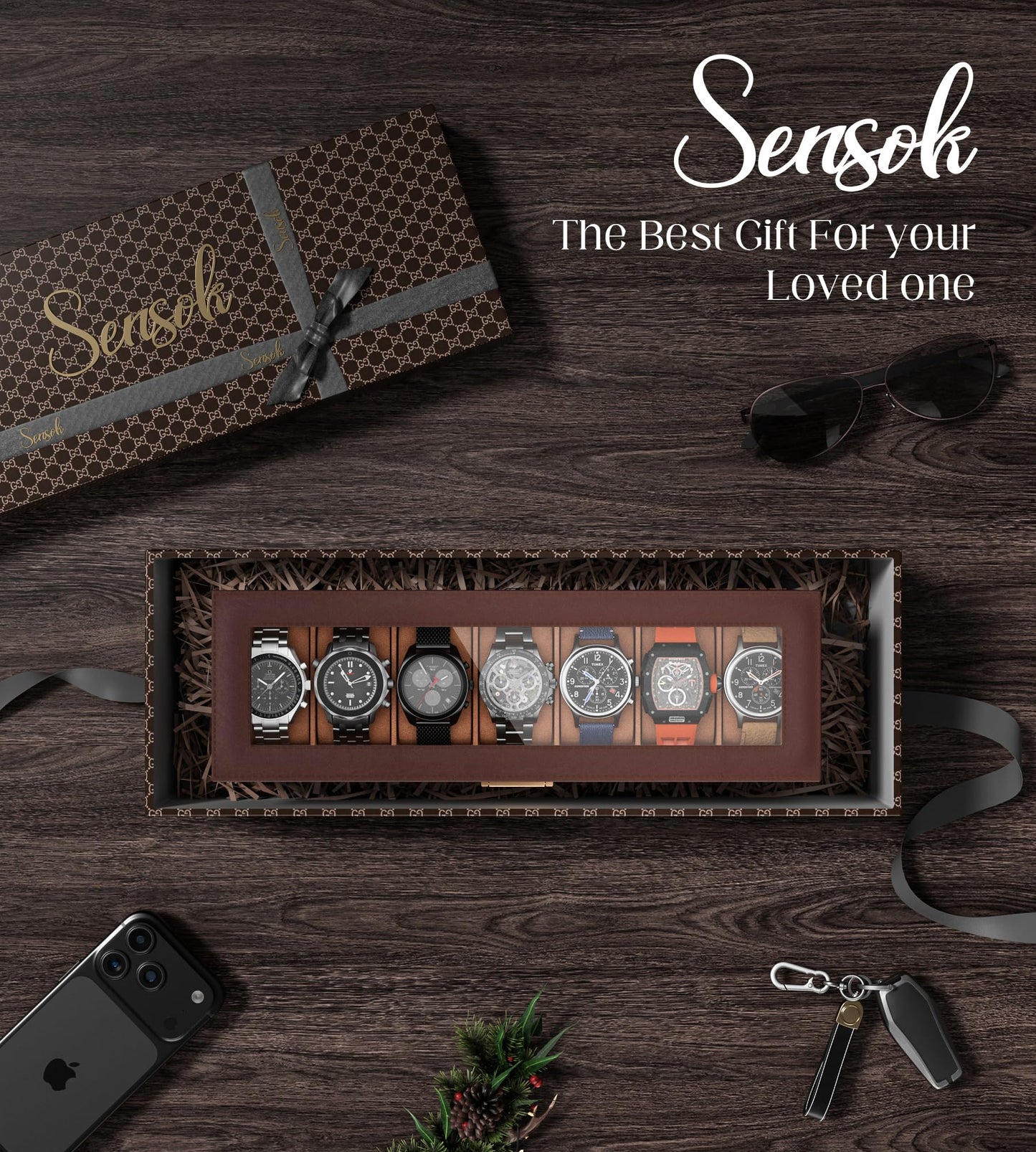 sensok Watch Case Box for Men - 7 SLots Watches Storage Organizer Real-Glass Display Case with Jewelry Drawer 2-Layer PU Leather Collection Holder Gift for Loved Ones Brown
