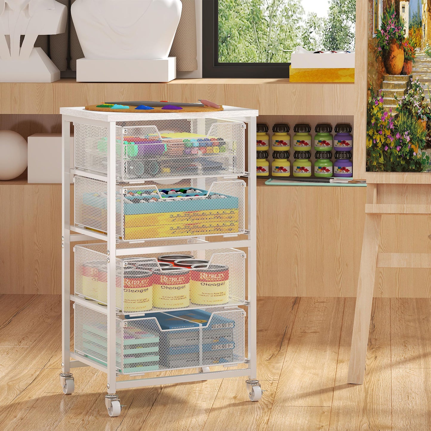 4-Drawer Rolling Storage Cart, Utility Cart with Drawers, White Metal Craft Cart Organizer with Wheels & Wooden Top, Art Supply Storage Organizer for Classroom, Office, Kitchen,Patent Pending