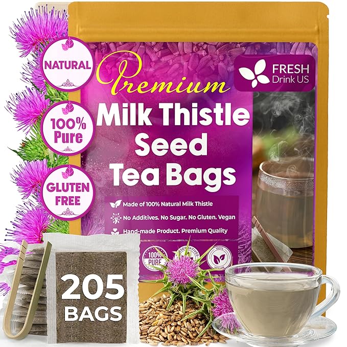 FreshDrinkUS, Premium 205 Milk Thistle Tea Bags, 100% Natural & Pure from Milk Thistle Seeds. Milk Thistle Seed Herbal Tea. Made with Natural Material Tea Bags. No Sugar, No Caffeine, No Gluten, Vegan.