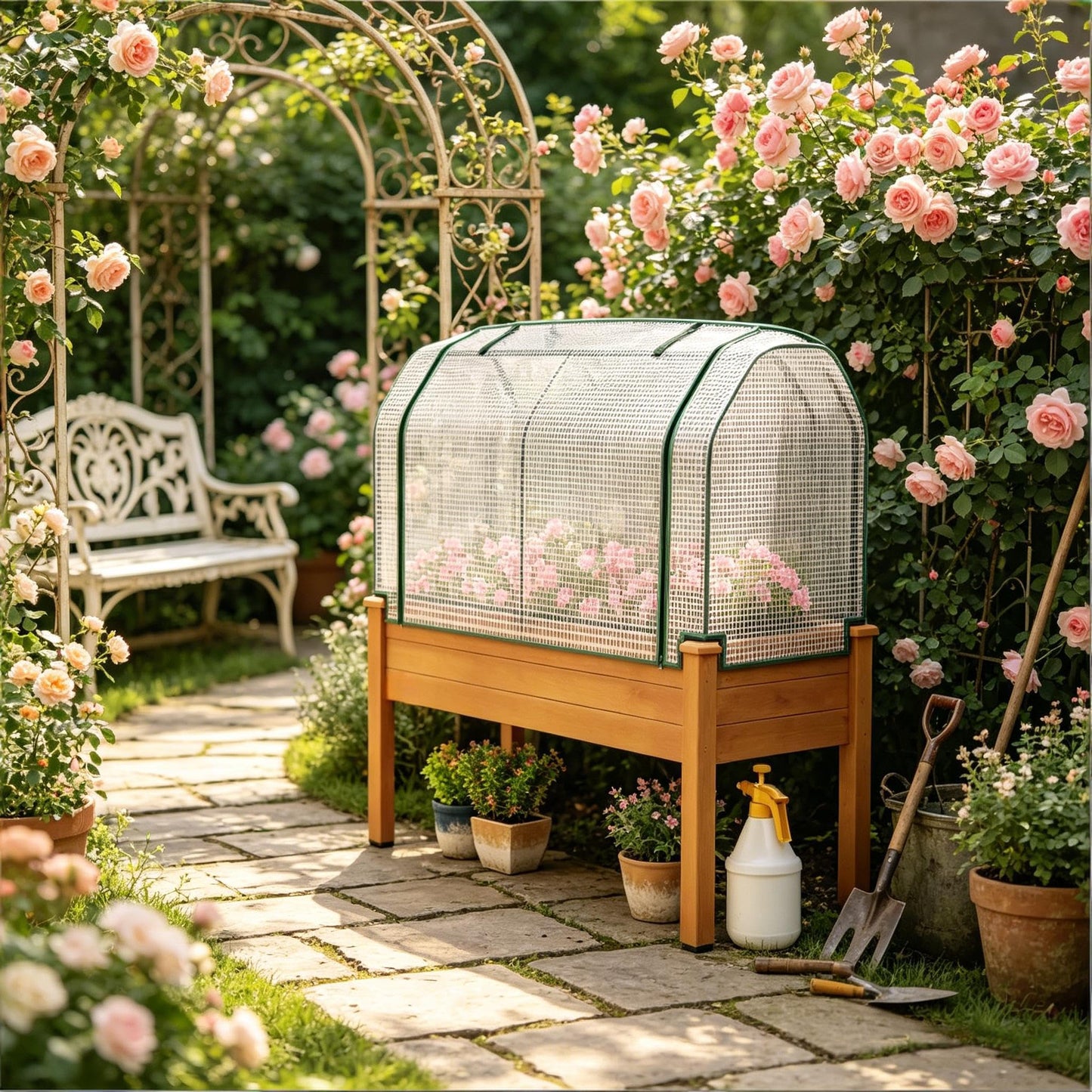 NOXJUQU Raised Garden Bed with Retractable Cover & Small Greenhouse, Elevated Wood Planter Box for Herbs Vegetables Flowers, Suitable for Patio Backyard Balcony Gardening