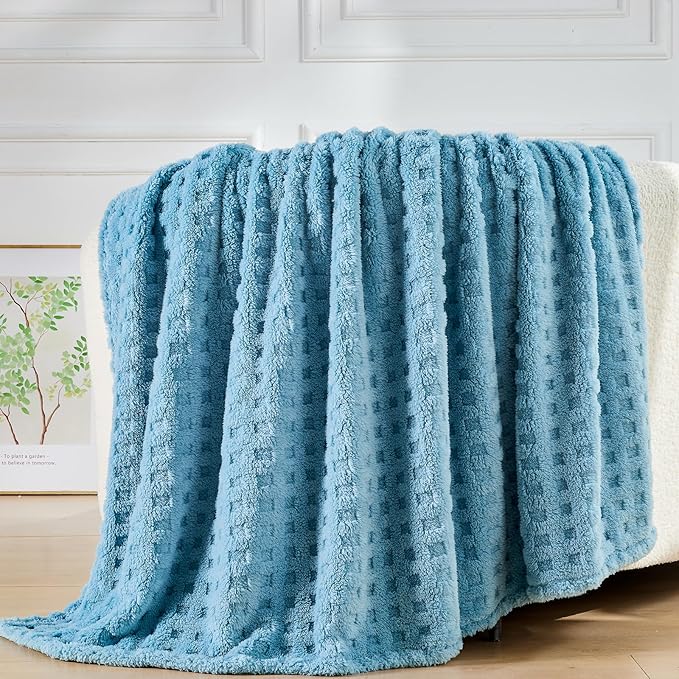 NEWCOSPLAY Super Soft Queen Blanket Blue Premium Silky Flannel Fleece 3D Waffle Checkered Lightweight Bed Blanket All Season Use (Blue, Queen(90"x90"))