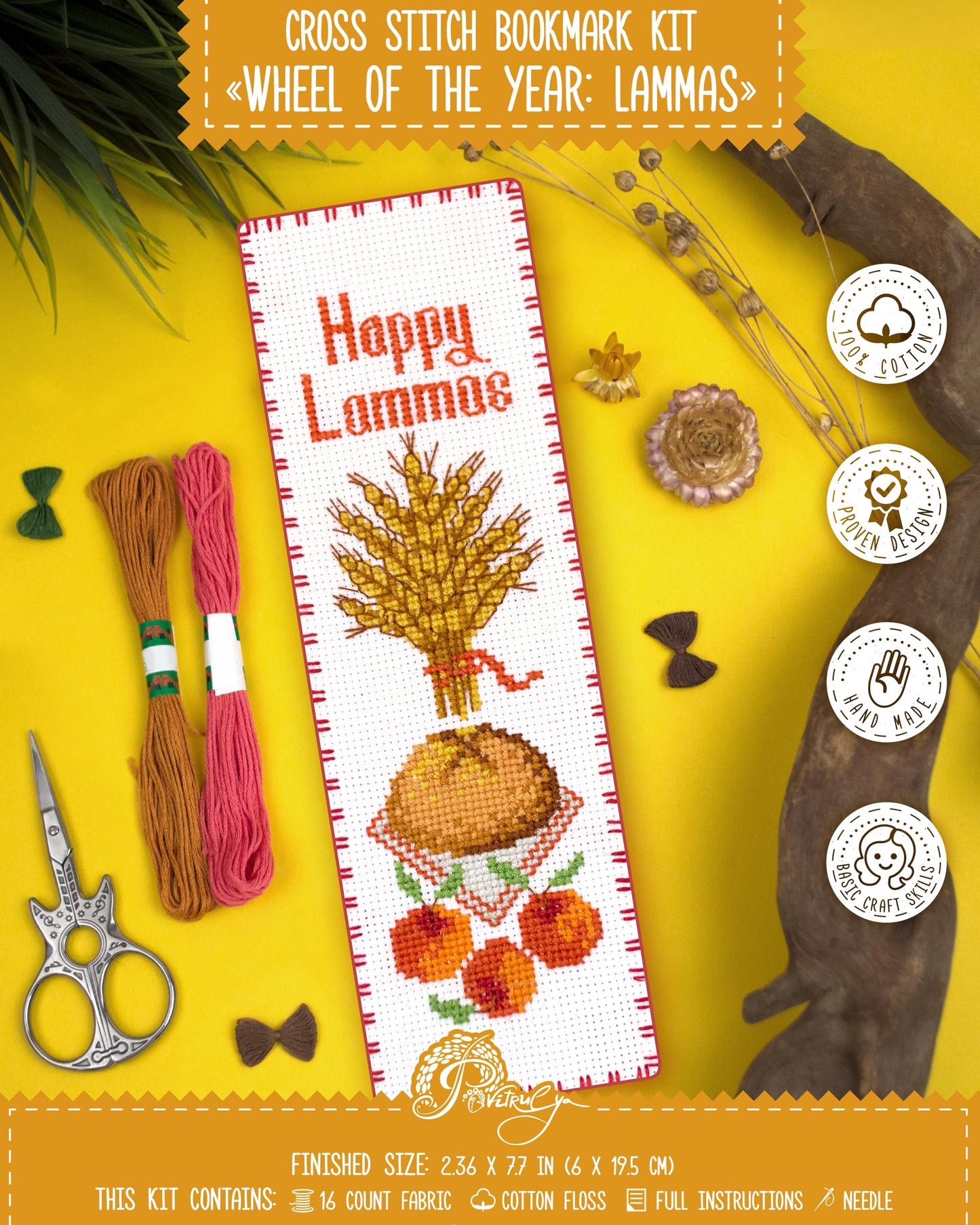 Povitrulya Counted Cross Stitch Kit “Lammas/Lughnasadh“ – DIY Bookmark Embroidery Set for Adults & Beginners, First Harvest Pagan Celtic Rustic Seasonal Autumn Gift