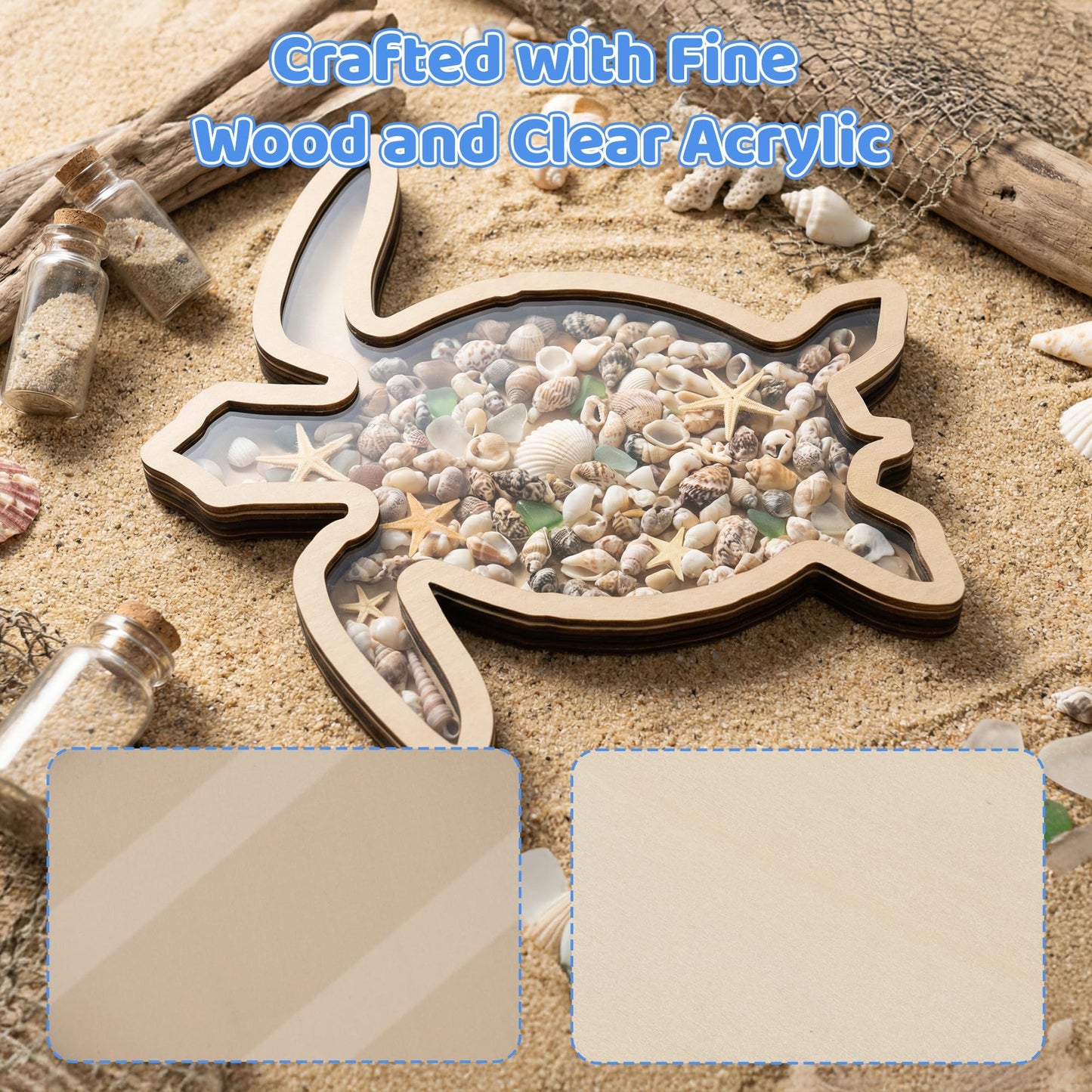 VERSRH Turtle Shell Collection Box - Wooden Sea Handcrafted Coastal Decor Display Case with Clear Acrylic Panel for Seashells Sea Glass Beach House Decor Memory Keepsake & Vacation Gift