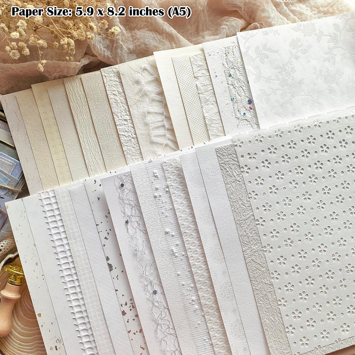 Flartmo 30 Sheets A5 White Textured Scrapbook Paper and Mesh Fabric Mix, Scrapbook Supplies for Junk Journaling, Scrapbooking, Card Making Supplies, Decorative Paper for Crafts & Mixed Media Art