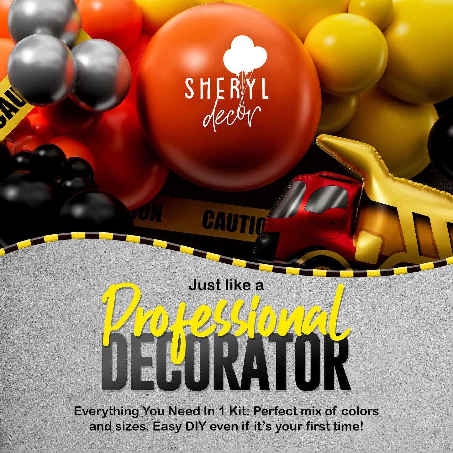 ALL-IN-1 Construction Balloon Arch Kit with BONUS Caution Tape & Truck Balloons - Construction Balloons for Excavator Birthday Decorations - Construction Birthday Party Supplies & Decorations