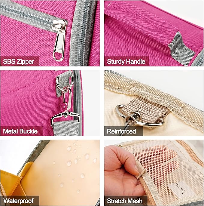 Extra Large Toiletry Bag for Women and Men, 6 Organizer Compartments, Holds Full Size Shampoo, with Hanging Hook Cosmetic Bag, Travel Makeup Bag, Bathroom Water-resistant Toiletries Bag, Rose Red