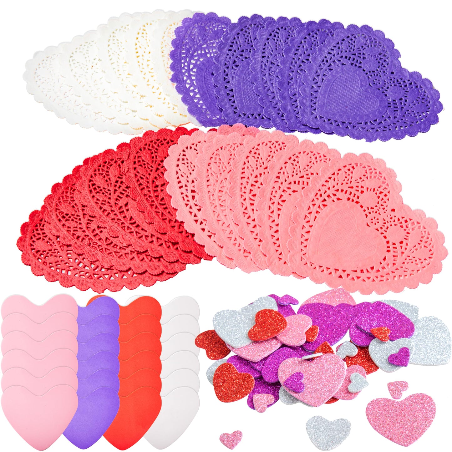 JOYIN 126+ Pcs Valentines Day Craft Gift Set with 100 Heart Doilies, 24 Pcs Foam Doilies and 2 Bags Foam Heart Stickers for Kids, Tableware Decoration, Home Activitie, Kitchen Disposable Table Craft
