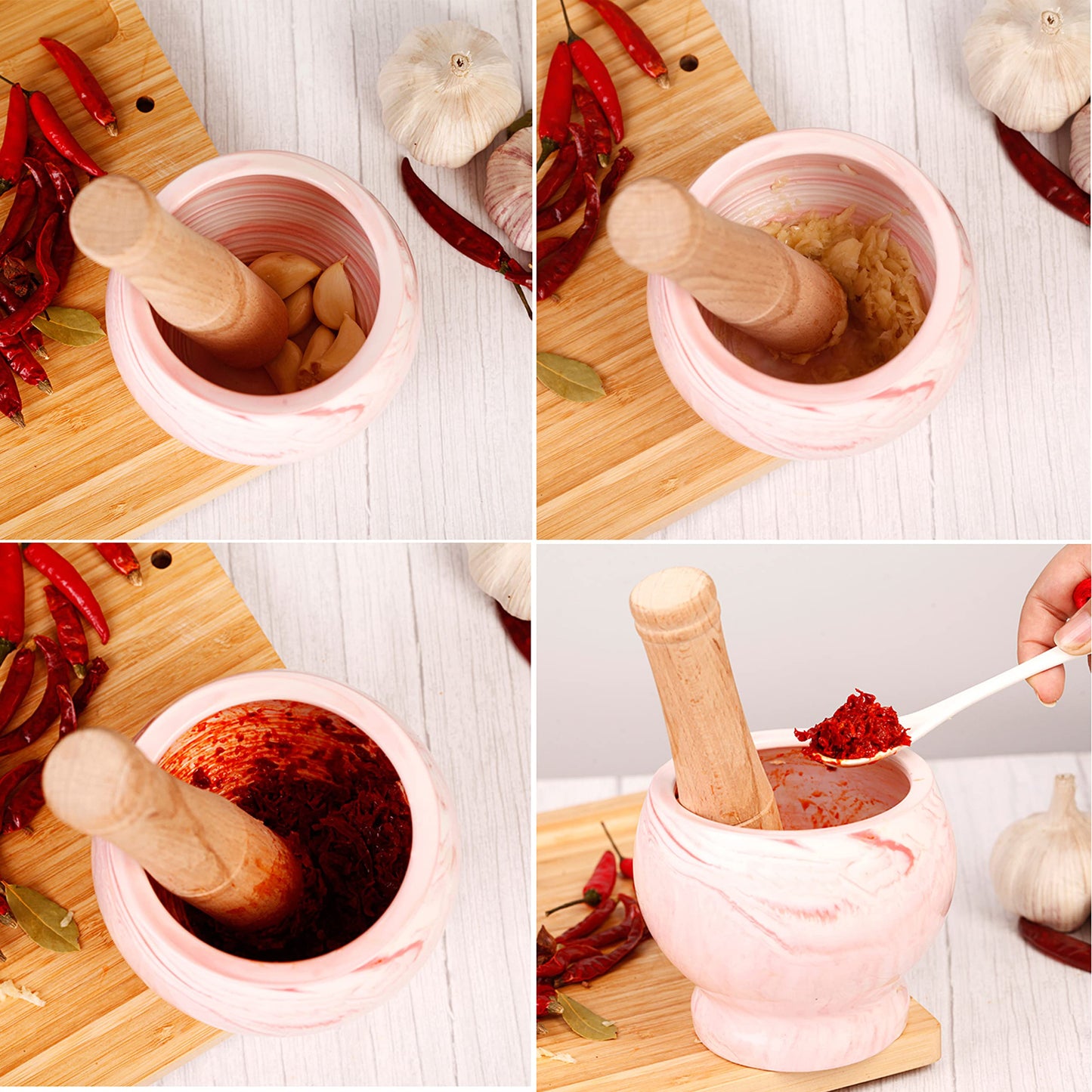 HPYNPES Mortar and Pestle Set- Ceramic Kitchen Mortar and Pestle for Spices, Herbs & More- Durable Mortar with Anti-Slip Base and Sturdy Wooden Pestle with Finest Grinding Ability- 2.6 Cups Capacity