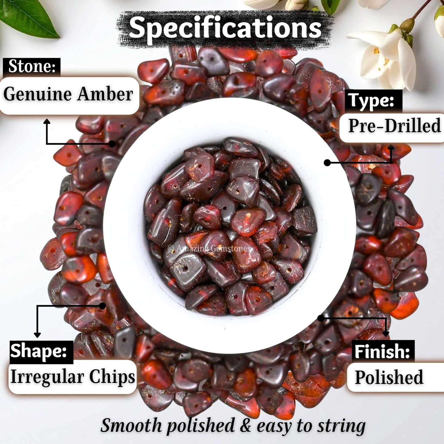 Amazing Gemstone Pre Drilled Natural Crystals Crushed Chips Beads for Jewelry Making, DIY Handmade Healing Crystals (25 Inch Strand, Amber)