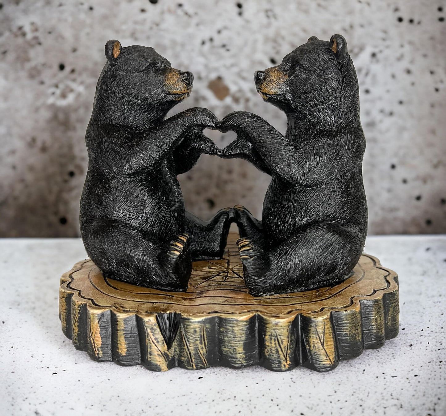 Two Black Bears Heart Hands Figurine – 6” Wide Whimsical Bear Couple I Love You Statue – Rustic Home, Cabin, Lodge, Office Decor