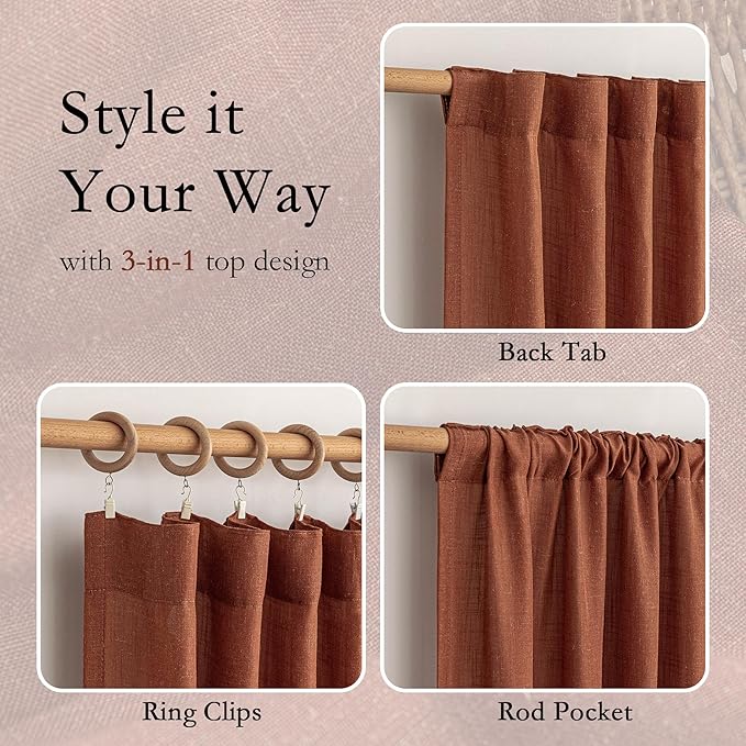 MYSKY HOME Living Room Curtains for Windows 108 Inch Long Light Filtering Sliding Door Semi Sheer Curtain Extra Long Floor Length Drapes Farmhouse Boho Privacy Back Tab, 50" Wide, Terracotta, Set of 2