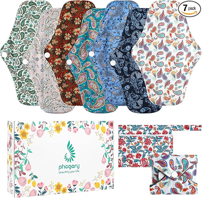 PHOGARY Reusable Menstrual Pad, 7 Packs Washable Overnight Cloth Panty Liners with 1 Wet Bag, Sanitary Pads Wings for Heavy Flow