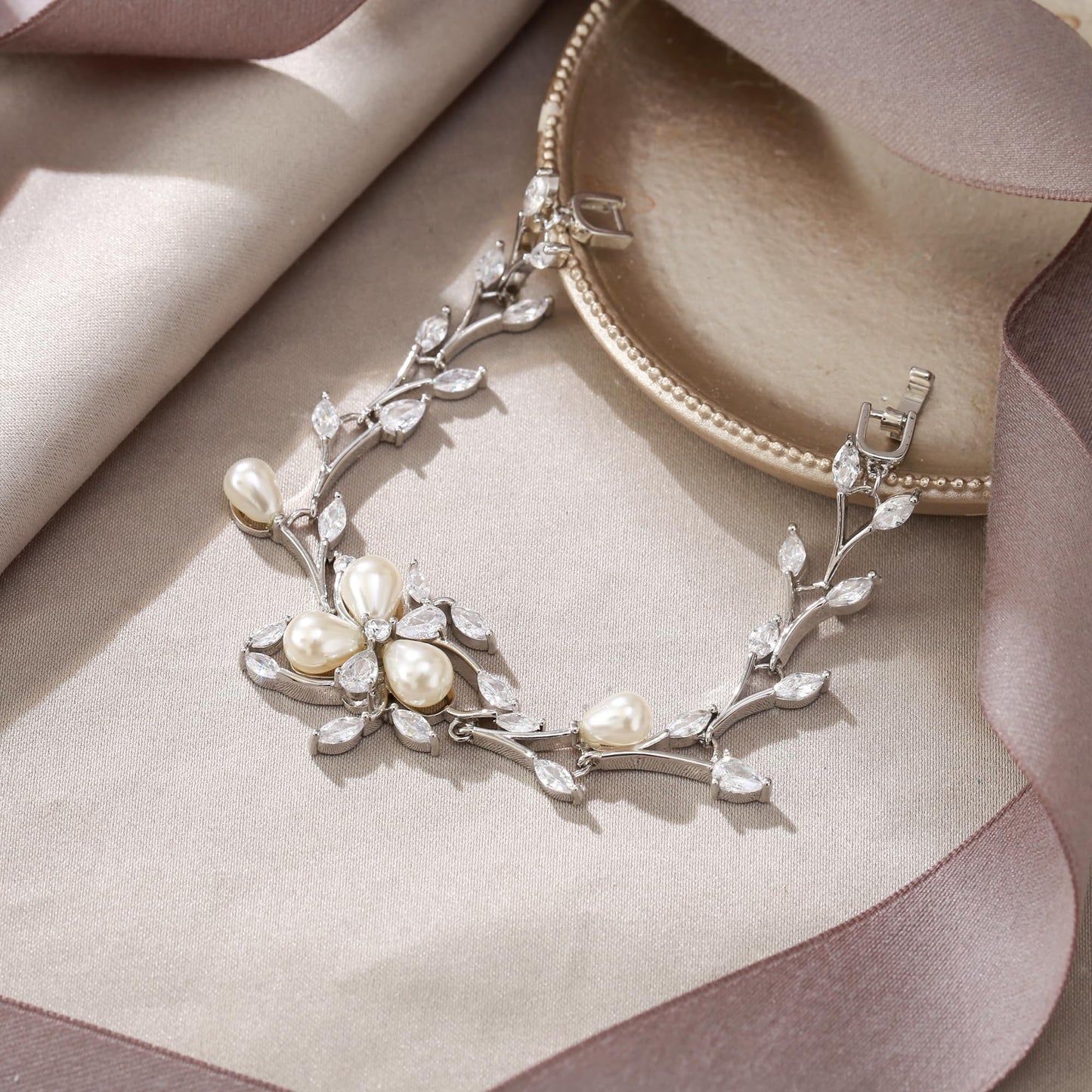 EVER FAITH Women's CZ Simulated Pearl Bridal Flower Leaf Filigree Tennis Bracelet Clear Silver-Plated-Brass