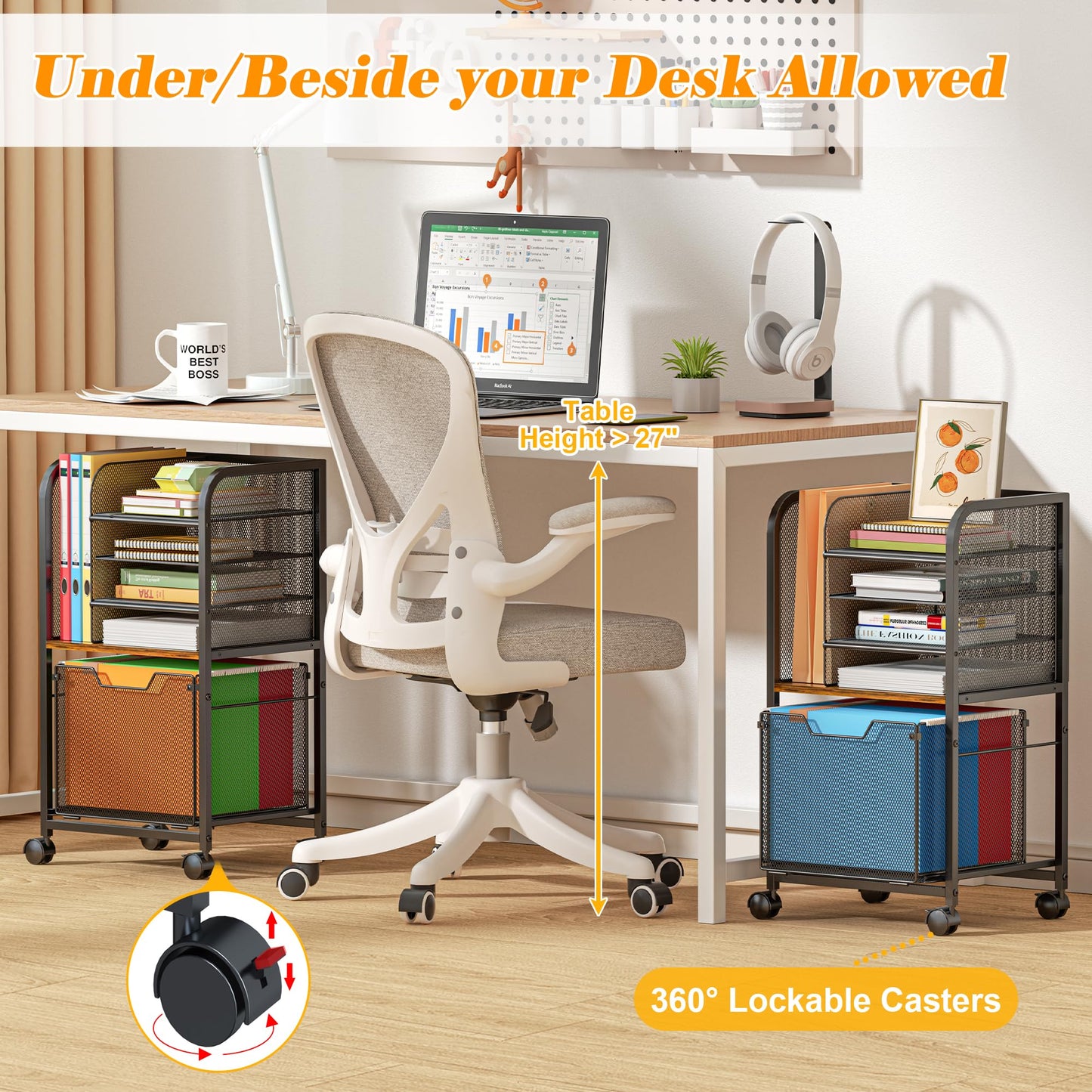 5-Tier Rolling File Cart Under Desk with Drawers, File Cabinet Organizer for Hanging File Folders, Letter-Size File Storage with Wheels, Multi-Layer Mobile Filing Cabinet for Under Desk Storage
