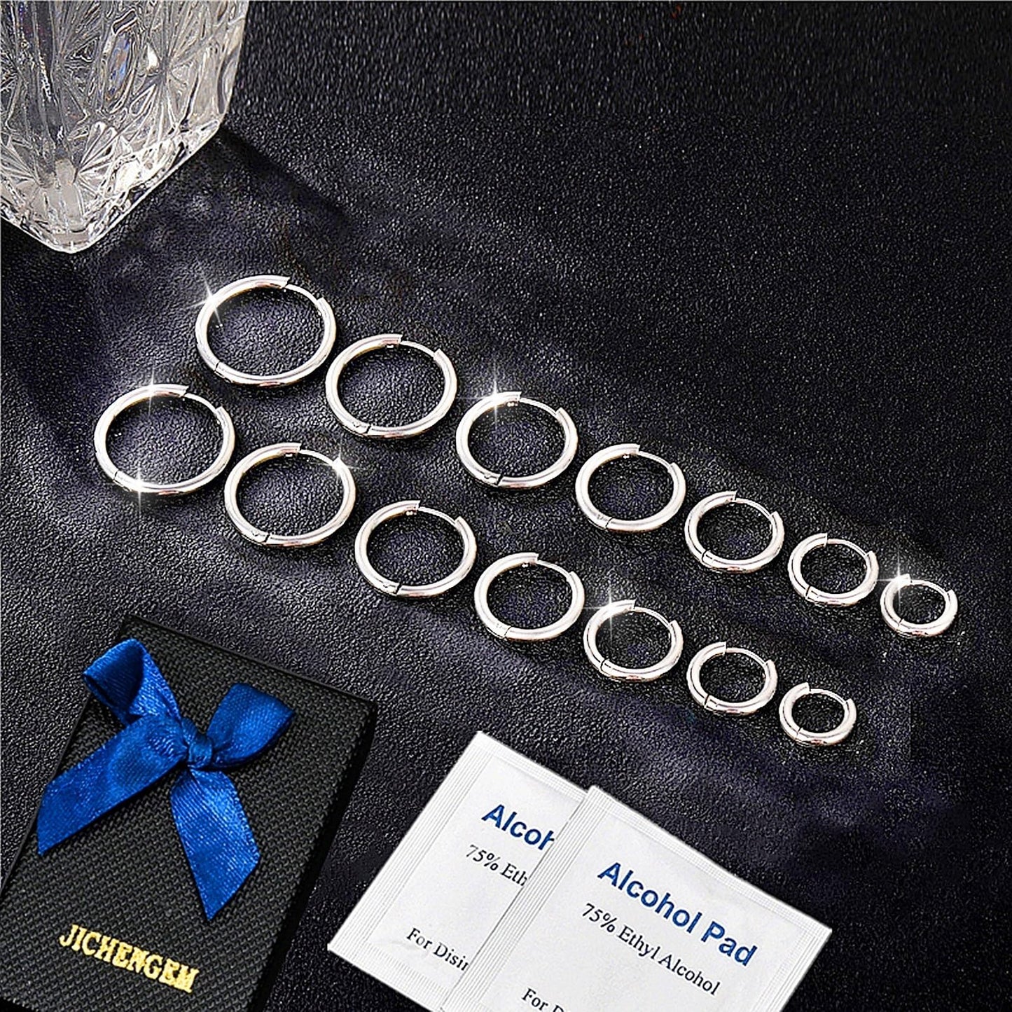 JICHENGEM 7Pairs Hypoallergenic Silver Gold Black Stud Earrings Set, Titanium Stainless Steel, 2-8mm CZ Cartilage Stud Earrings Jewelry for Women Men