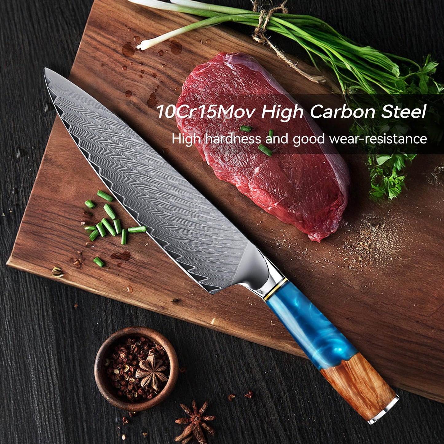 hoforife Chef's Knife, Japanese Damascus Chefs Knife 67 Layers High Carbon VG10 Steel Core with Wooden Ergonomic Handle, Gift Box (8In, Blue Resin)
