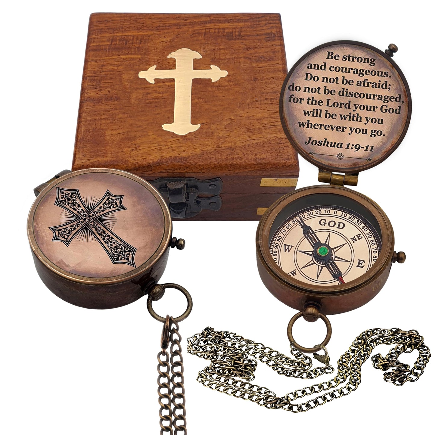 Baptism Gift Personalized Keepsake Compass Engraved Cross and Be Strong and Courageous, Confirmation Gift Ideas, Gift of Faith. Missionary (Antique with Wooden Box)