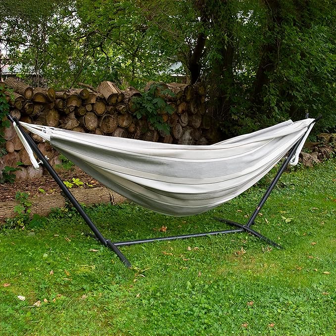Vivere Double Sunbrella Hammock with Space-Saving Steel Stand, Heavy-Duty Portable Outdoor Hammock Set for Backyard, Patio, or Travel, Dove