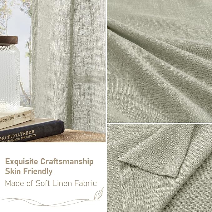 LAMIT Sage Grey Linen Curtains 24 Inch Length for Cafe, Semi Sheer Light Filtering Panels Back Tab and Rod Pocket Small Window Drapes for Basement, 2 Panels, 34 x 24 Inch