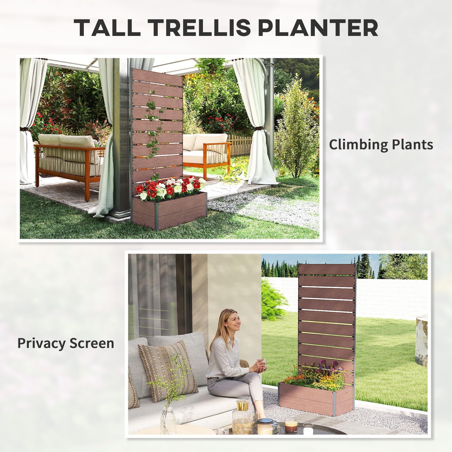 Outsunny Raised Garden Bed with Trellis for Climbing Plants, Planter Box with Self Draining Gap, Freestanding Trellis Planter for Outdoor, Patio, Deck, 28.25" x 15" x 59", Brown