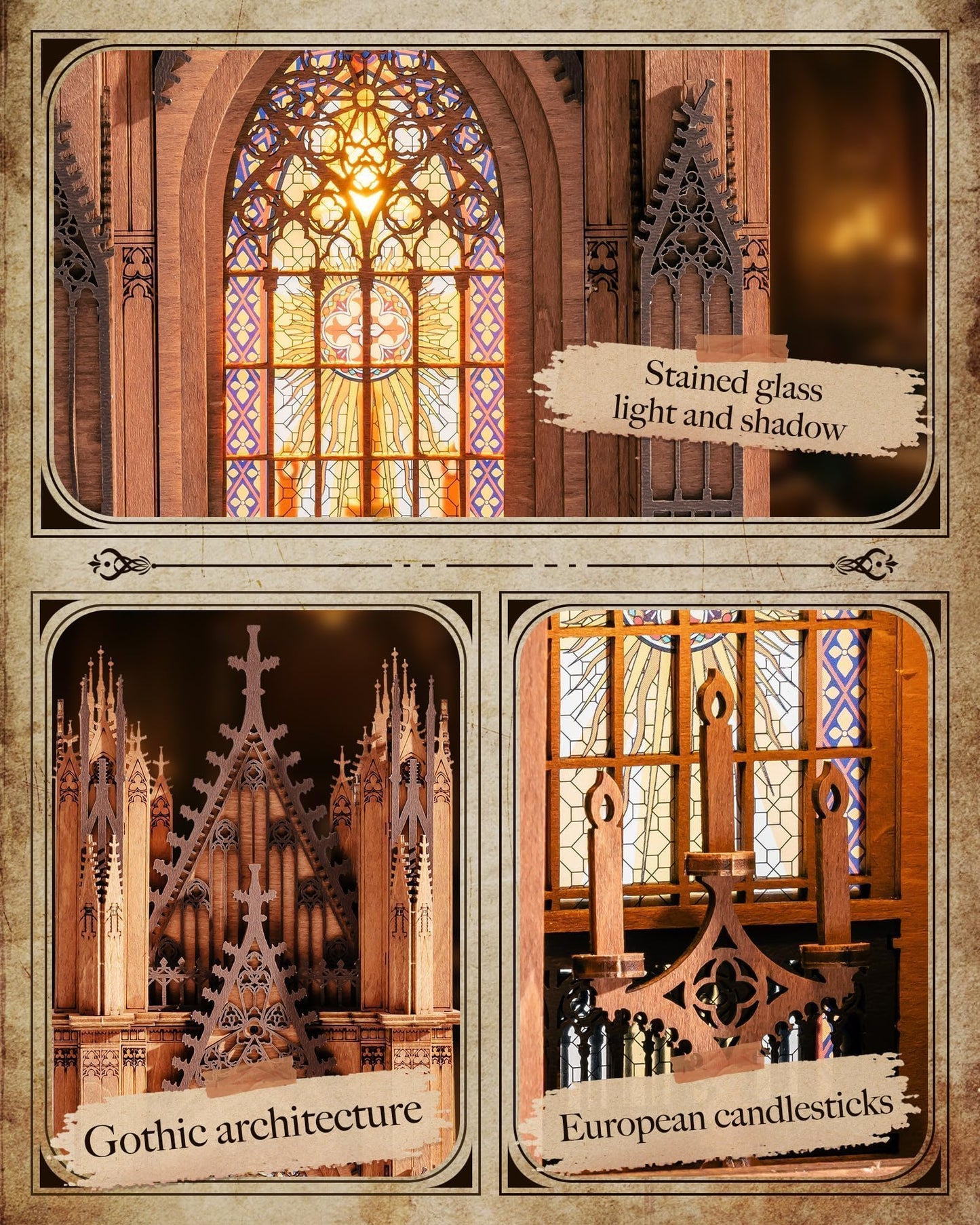 Rolife 3D Wooden Puzzle - Gothic Twin-Tower Cathedral Architecture Model with LED Lights, DIY Craft Building Kit for Adults, Unique Home Decor & Birthday for Hobbyists