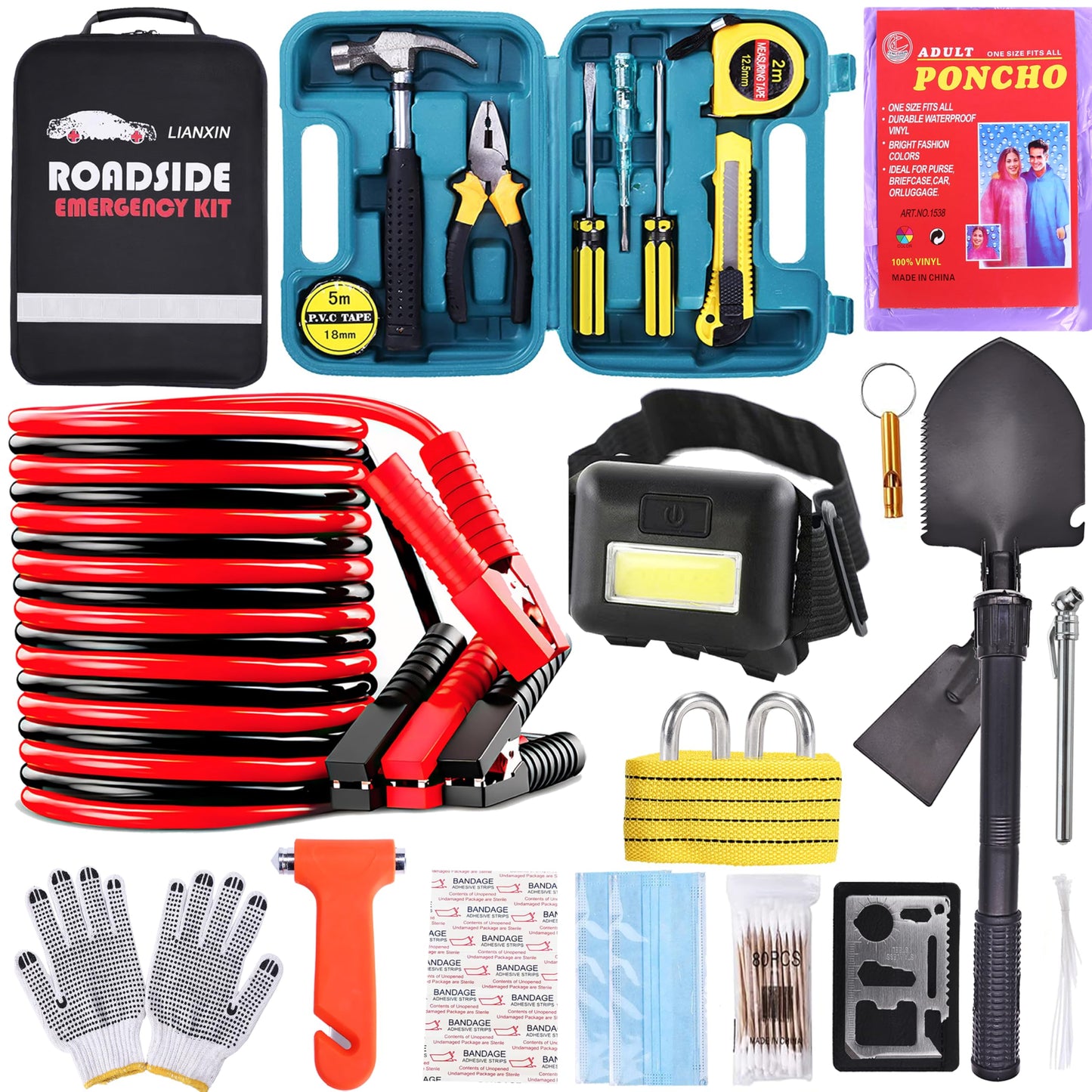 LIANXIN Emergency Roadside Kit for Car - Roadside Safety Tool Kit,with Jumper Cables Car Kit Headlamp Folding Shovel Safety Hammers Tow Rope, Emergency Roadside Car Kit
