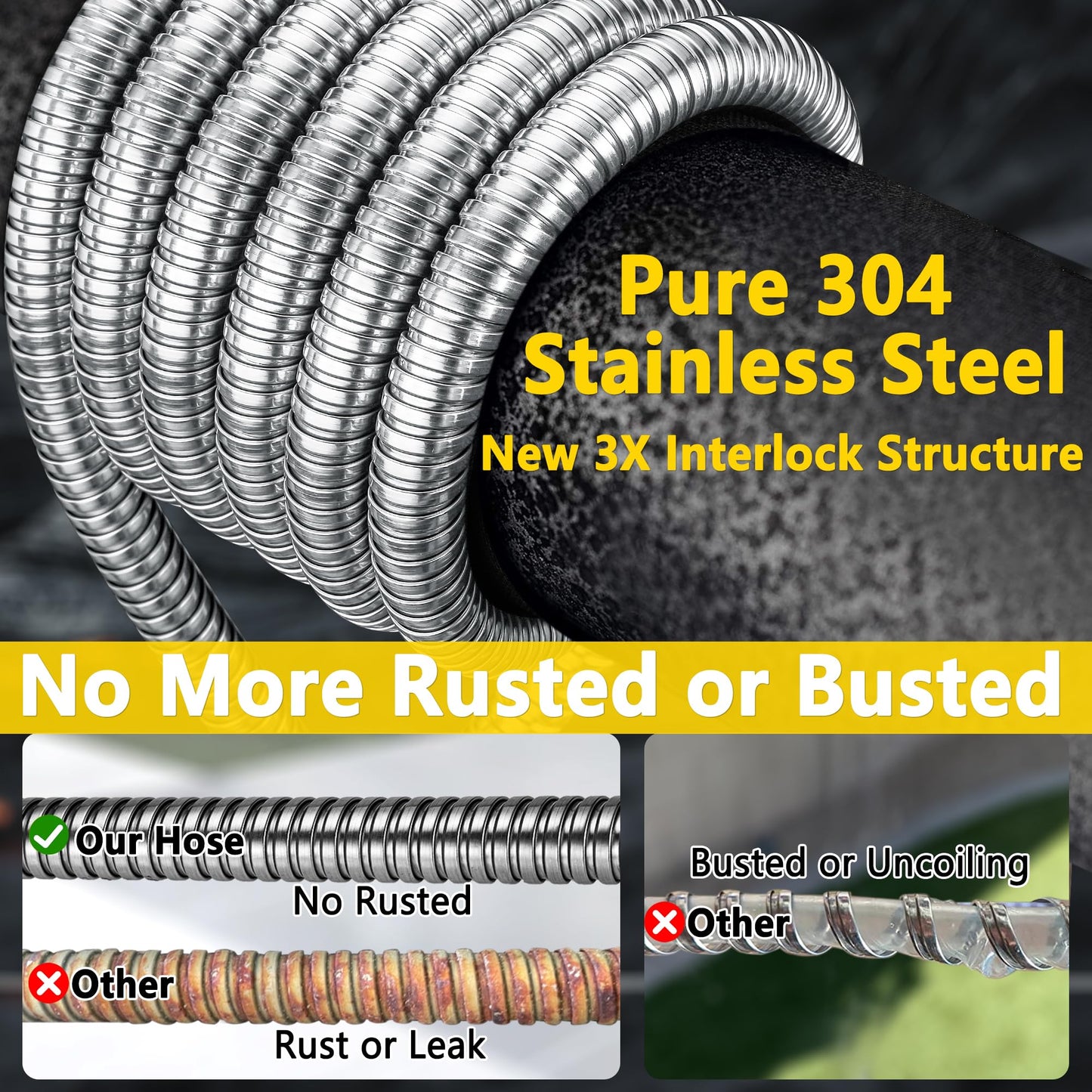 200 ft Stainless Steel Garden Hose - 2026 New Upgraded Metal Water hose - Flexible Water Hoses Pipes with Latex Core, 3/4" Solid Brass Connector - No-Expandable Watering Garden Hoses