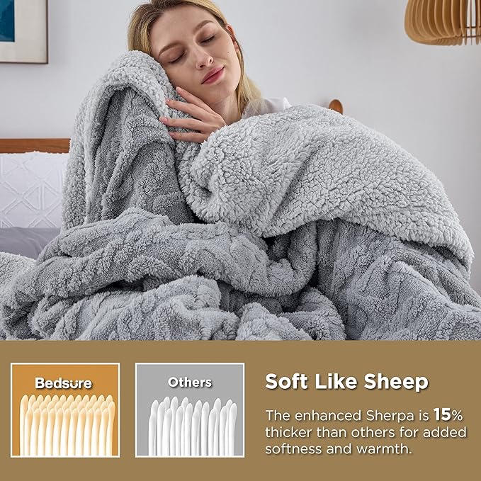 Bedsure Sherpa Fleece Blanket Twin Size for Bed - GentleSoft Fluffy & Cozy Cable Jacquard Tufted for Women Gift, Thick and Warm Blankets for Winter, Grey, 60x80 Inches
