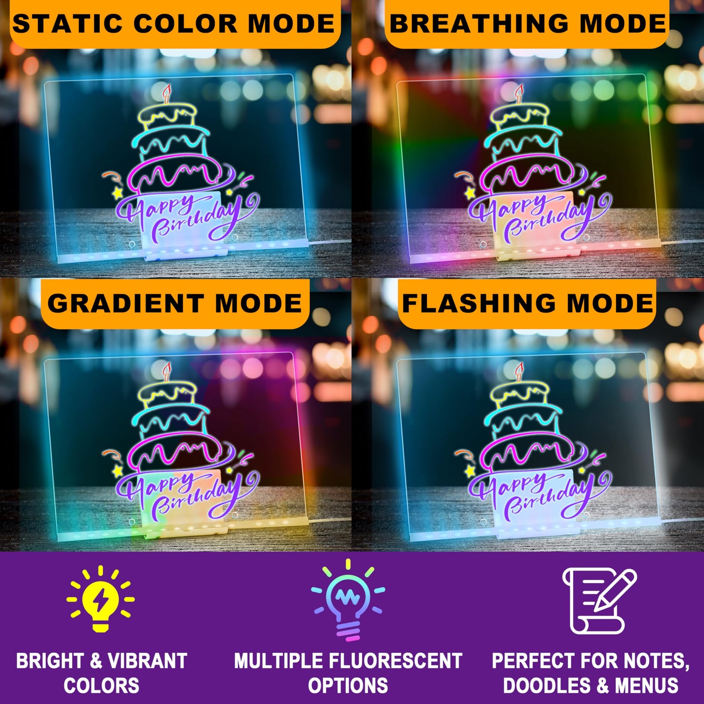 LED Drawing Board, 14'' Acrylic Note Board with Colors, Include LED Light Up Writing Pad 4 Modes & 7 Colors, 8 Markers, Stand, Hanging Chain, 2 Gel Clings, Holiday Gift