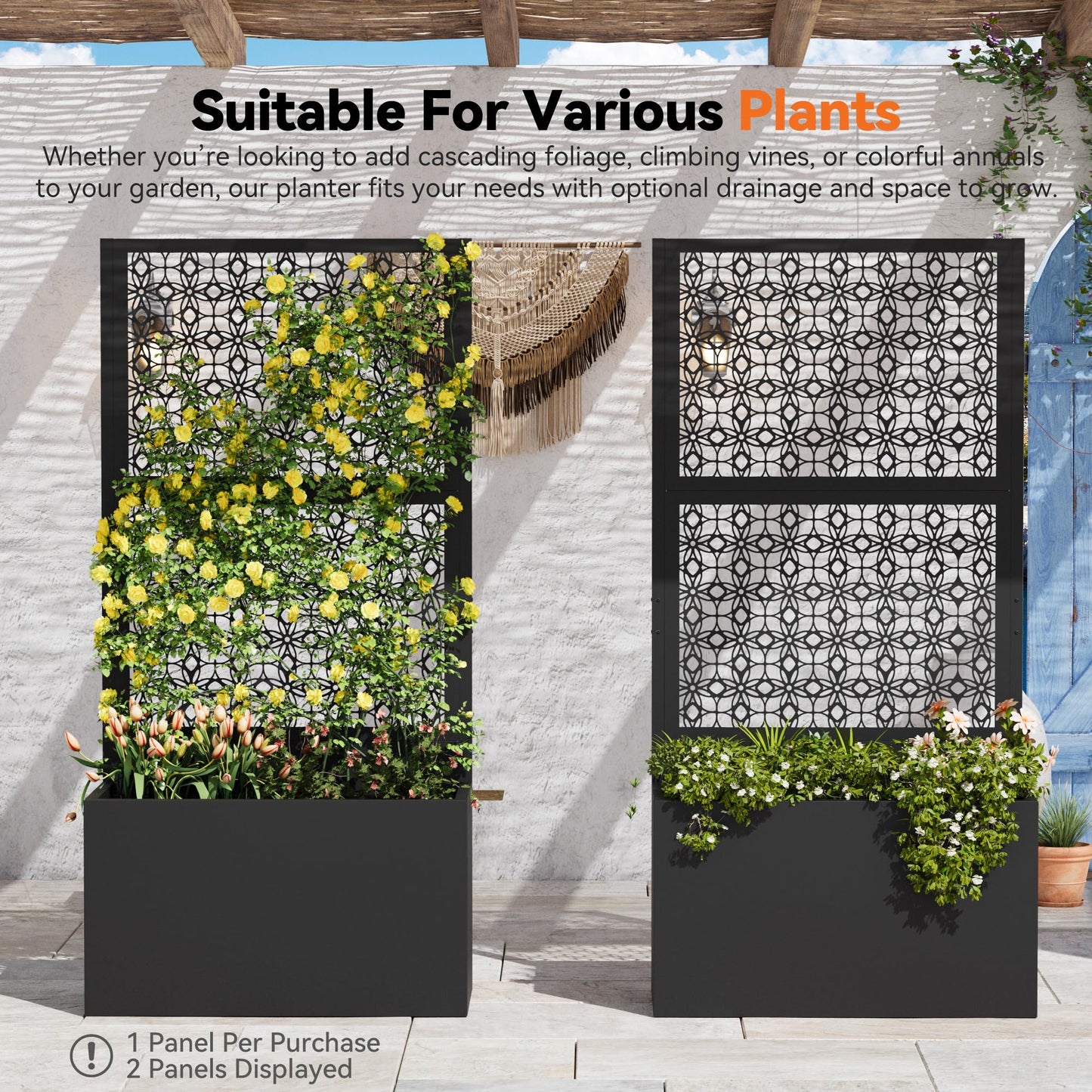 Modern Shade Metal Planter Box with Trellis Privacy Screen, 6x3 FT Large Raised Garden Bed, Multi-Functional Privacy Screen Outdoor with Drainage Holes for Climbing Plants, Petal Weave