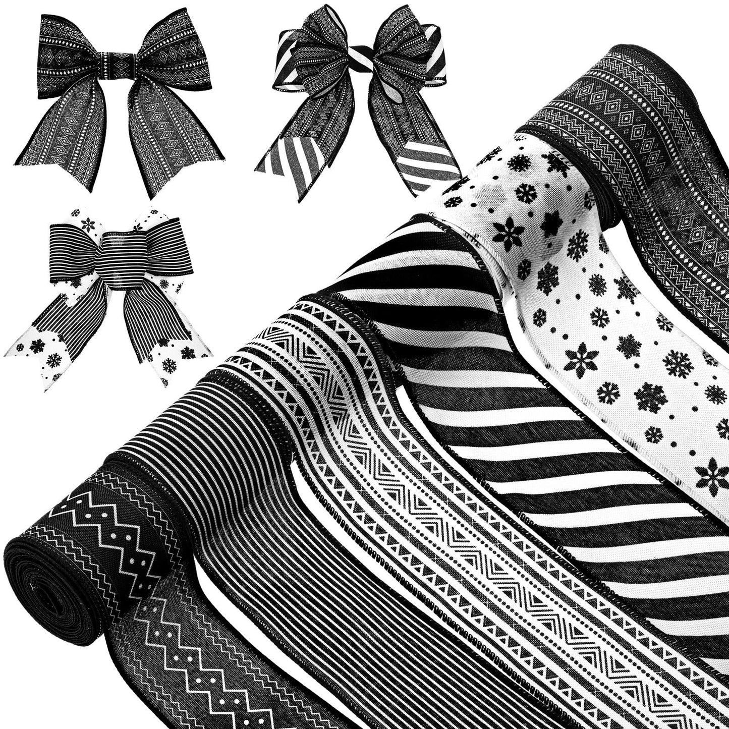 Suncalla 6 Roll 30 Yards Black and White Ribbon Wired 2.5 Inch Boho Stripes Wired Ribbon for Wedding Gift Wrapping Wreaths DIY Hair Bows Decor Crafts