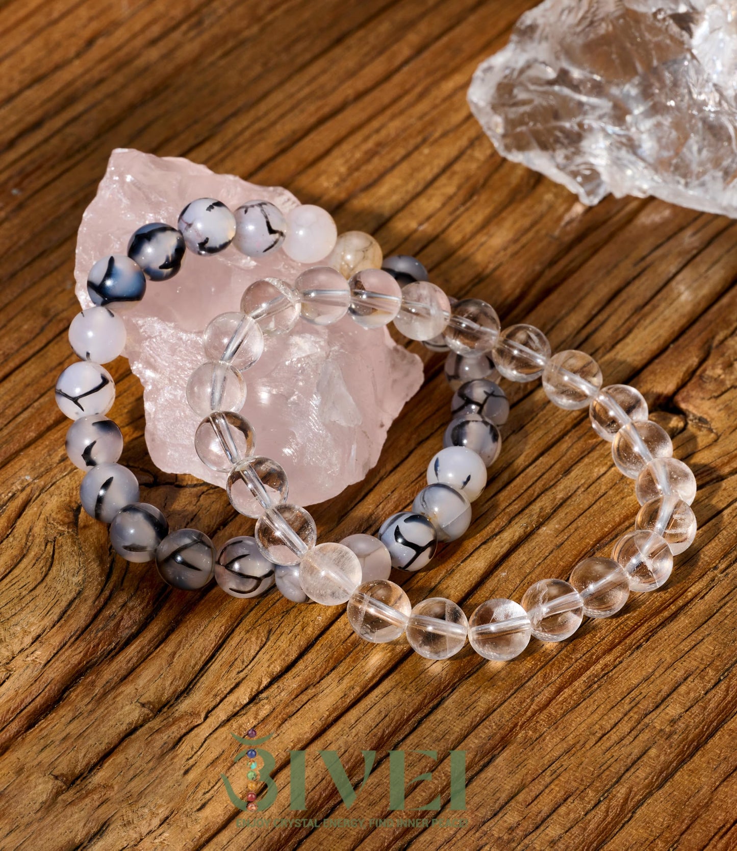 Bivei Natural Gemstone Semi Precious Crystals Handmade Stretchy Round Beads Bracelet, Enhance Positive Energy,Stocking Stuffers for Women(Clear Quartz & Dragon Vein Agate（Master Healer） Medium)