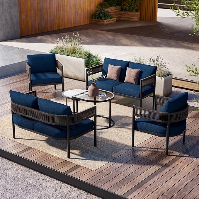 Grand patio 6-Piece Outdoor Furniture Set, 6 Seats Wicker Sofa Conversation Set with Thick Cushions and Coffee Table, for Backyard, Balcony, Garden (Peacock Blue)