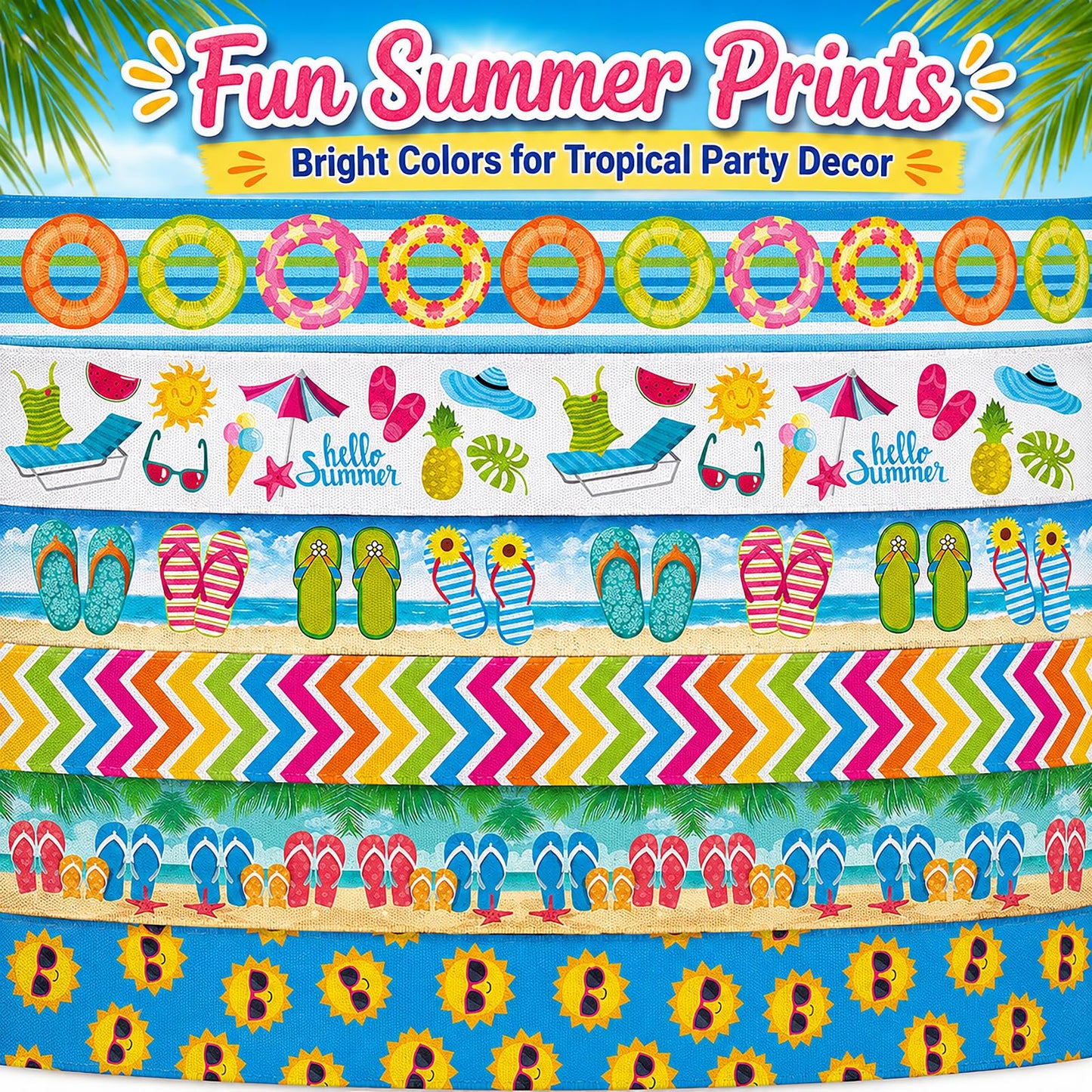 6 Rolls Summer Wired Edge Ribbons, 24 Yards 2.5 in Flip Flop Sunshine Stripe Patterns Gift Wrapping Ribbon for Beach Themed DIY Crafts Bow Wreath Summer Party Decorations