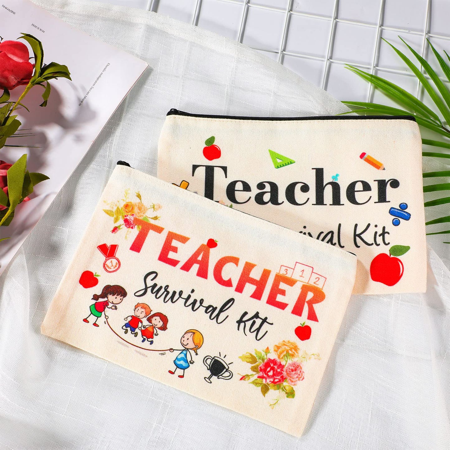 Frienda 48 Pieces Teacher Appreciation Present Set 24 Pcs Teacher Survival Kit Makeup Bag Pouch 24 Pcs Blessing Card Bracelet Cosmetic Bag Kit for Back to School Thanksgiving Party