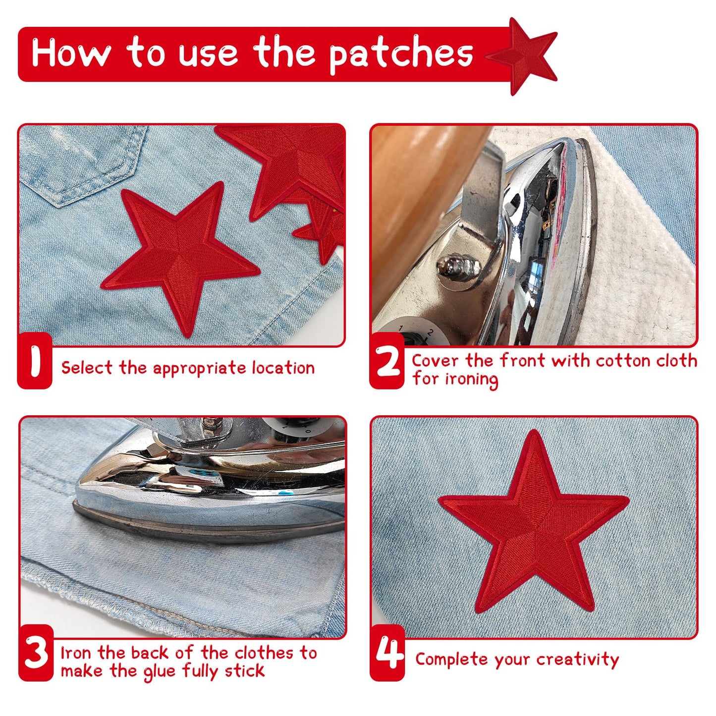 RF-patch 24PCS Star Patches Iron on, Red Star Iron on Patches for Clothes, Dress, Hat, Socks, Jeans, Machine Washable