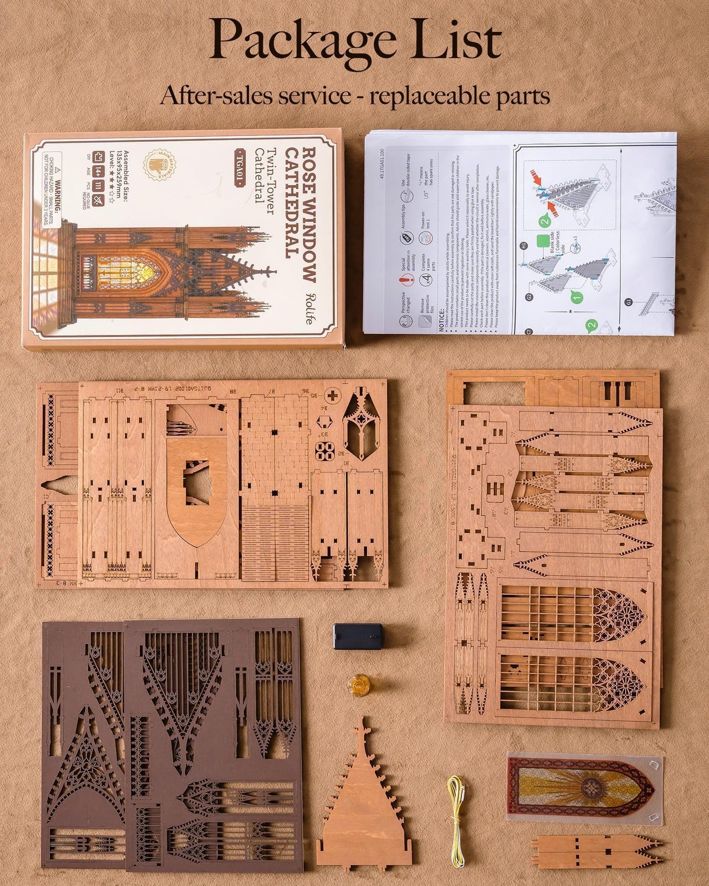 Rolife 3D Wooden Puzzle - Gothic Twin-Tower Cathedral Architecture Model with LED Lights, DIY Craft Building Kit for Adults, Unique Home Decor & Birthday for Hobbyists